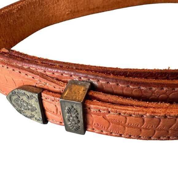 Fiorucci Italy Leather Double Strap Belt Vintage Embossed Brass Floral Accents - Picture 7 of 16